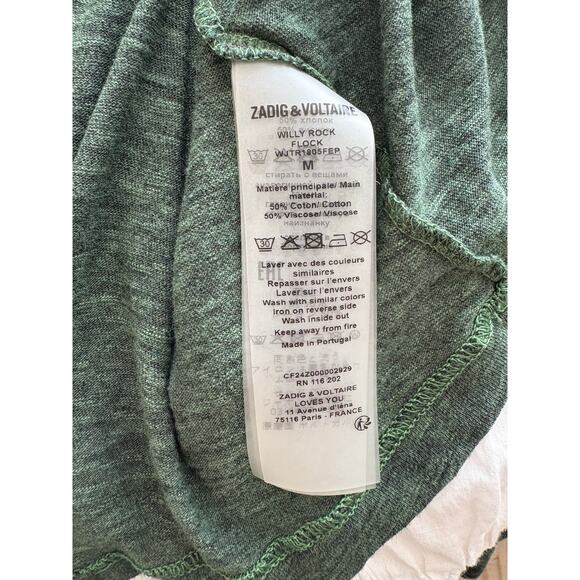 Zadig & Voltaire Willy Flocked ROCK Green Long Sleeve Graphic Tee Size M - Picture 6 of 6